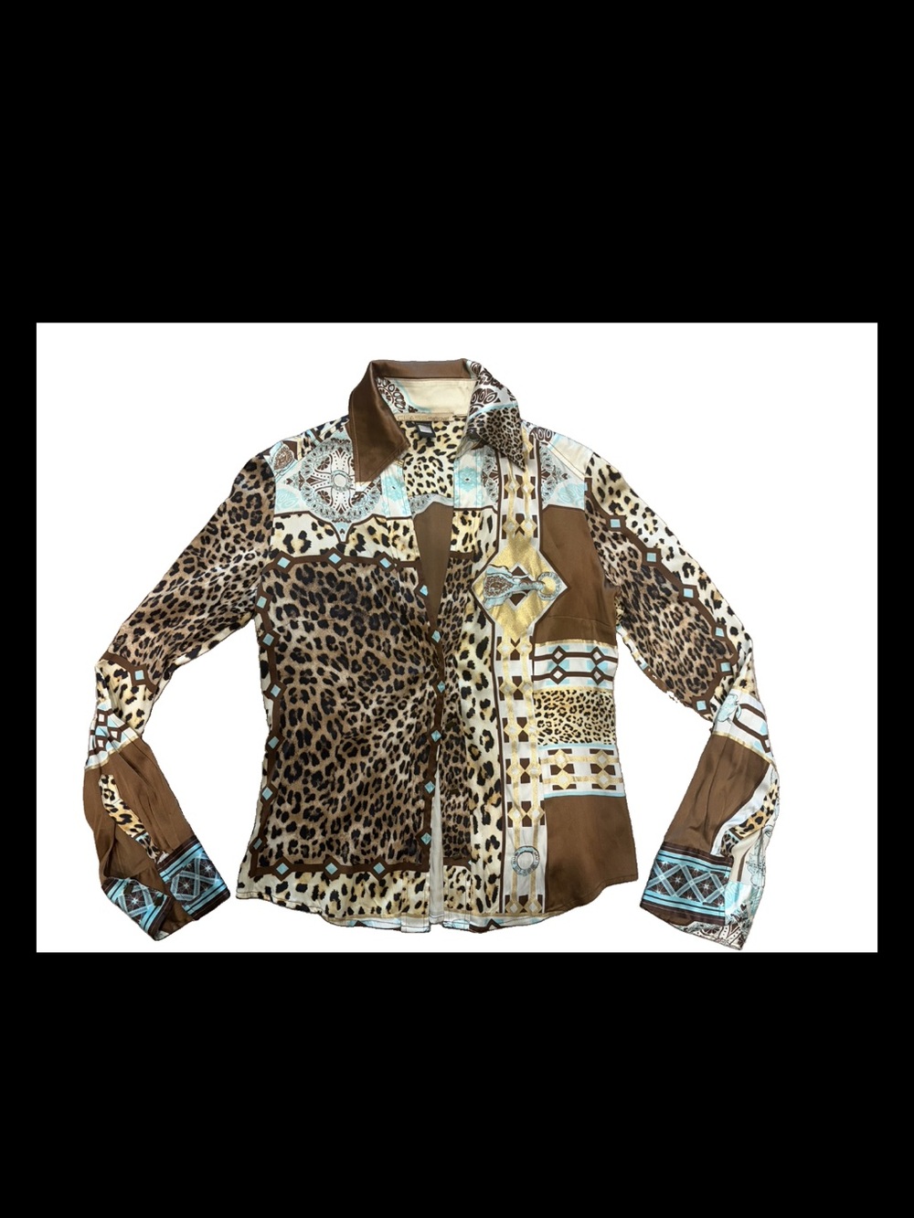 Roberto Cavalli S Blouse Silk Top Brown Blue Léopard Vintage Rare 44 S Top